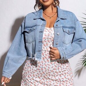 Classic Plus Size Ripped Distressed Light Wash Cropped Jeans Denim Jacket
